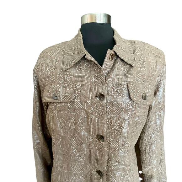 Coldwater Creek Taupe Shimmer Embroidered Cotton Blazer LARGE Work Career Travel - Picture 4 of 8